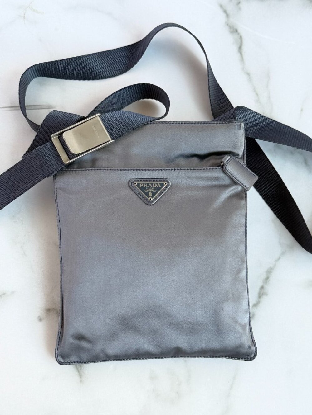 Prada Crossbody Messenger Shoulder Bag Milano Gray Satin Nylon AUTHENTIC